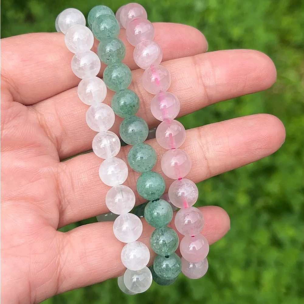 8mm stretchable‎ rose quartz, clear quartz, green strawberry quartz bracelet set